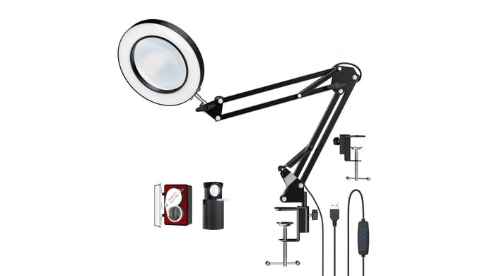 10X LED Magnifier Desk Lamp with Clamp, Hands Free Magnifying Glass with 72 LEDs Light, 3 Color Modes Stepless Dimmable, included Two Pack 30X 45X Jewelers Loupe for Close Work, Repair, Reading, Craft