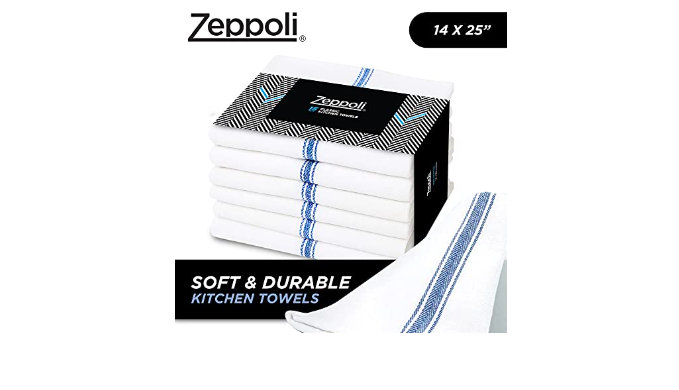 Zeppoli Classic Kitchen Towels - 15 Pack - 14″ x 25″ - 100% Natural Cotton Kitchen  Dish Towels - Reusable Cleaning Cloths - Blue Tea Towels - Super Absorbent  - Machine Washable