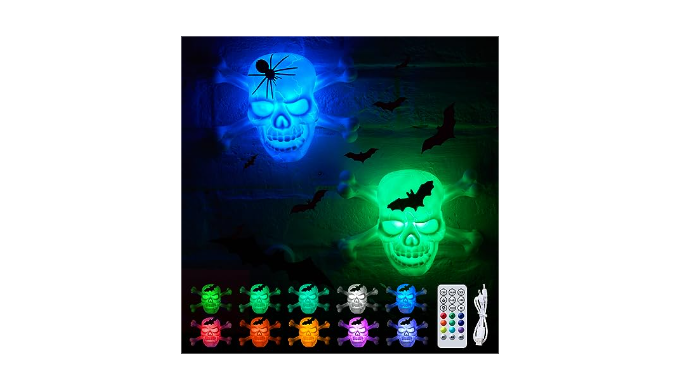 2 Pack Remote Rechargeable LED Halloween Decoration Skull with Bats ...