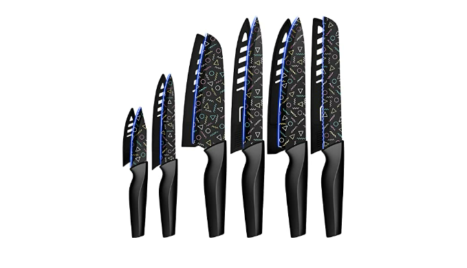 Astercook Knife Set, 12 Pcs Colorful Geometric Pattern Kitchen Knife Set, 6  Stainless Steel Kitchen Knives with 6 Blade Guards, Dishwasher Safe, Black  - Coupon Codes, Promo Codes, Daily Deals, Save Money Today
