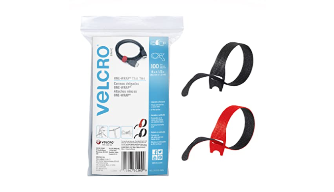 velcro brand cable ties, 100pk - 8 x 1/2 red and black, reusable  alternative to zip ties, one-wrap thin pre-cut cord organization straps,  wire management for office or home, vel-30200-ams, black/red 